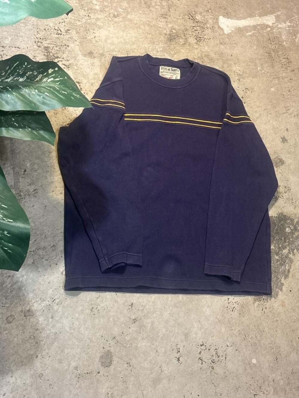 Steve and Barry's Vintage Y2K Navy Blue Striped Thermal Crewneck Sweatshirt XL